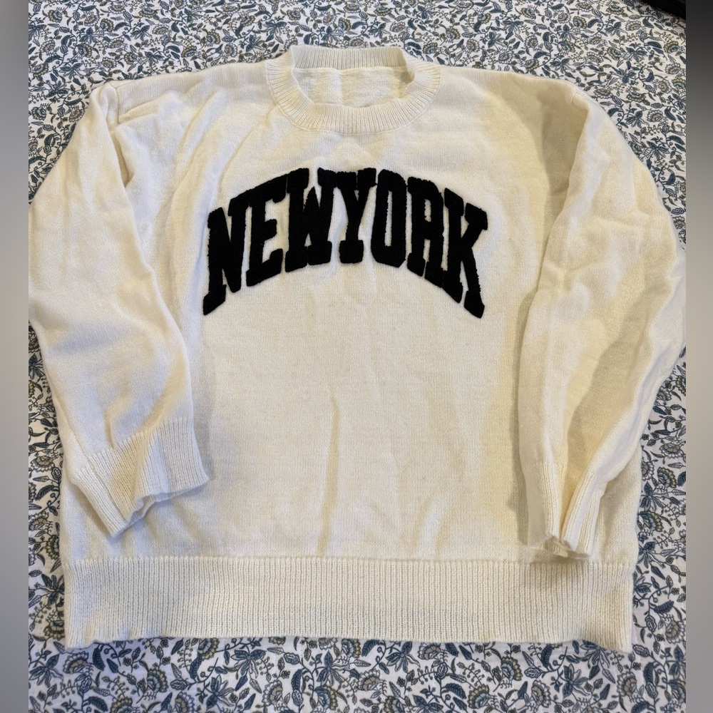SHEIN- New York Cream Crewneck Sweater with Black Lettering